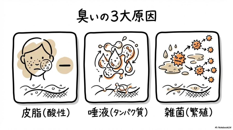 犬の臭いの原因の図解。皮脂、唾液、雑菌の3つの要素が臭いを作る関係性を、カード型で表現した画像。