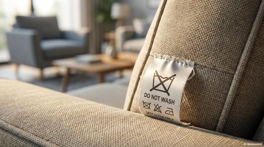 消臭前の素材確認の図解。ソファの洗濯表示タグを確認する重要性を、センター配置で表現した画像。