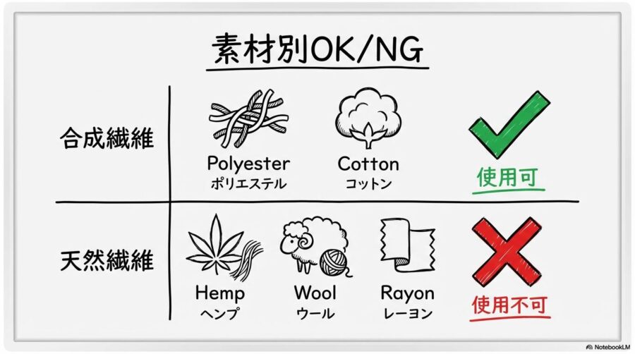 素材別の消臭法OK/NG早見表の図解。各素材と薬品の相性を、カード型で表現した画像