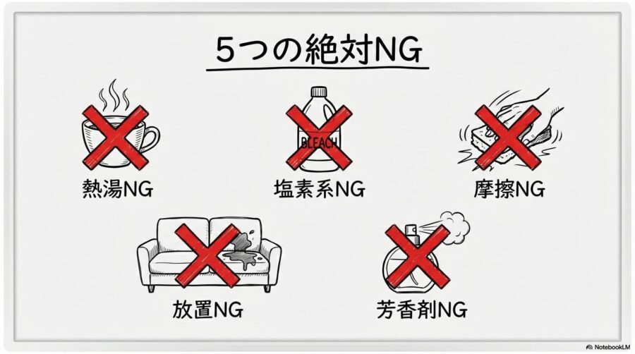 ソファ消臭のNG行為の図解。やってはいけない5つの行為を、カード型で表現した画像。