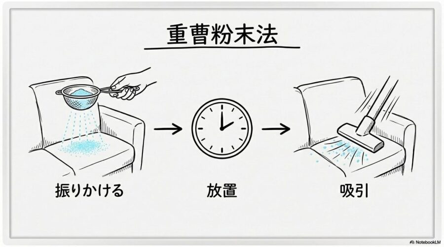 重曹を使った消臭手順の図解。散布から吸引までの流れを、3ステップ図で表現した画像。