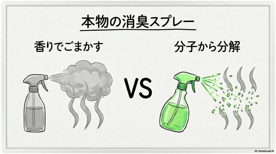 市販スプレーの選び方の図解。芳香剤と消臭剤の違いを、VS図で表現した画像。