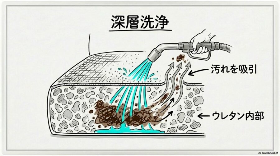 プロのソファクリーニングの図解。繊維の奥深くまで洗浄する様子を、センター配置(断面図)で表現した画像。