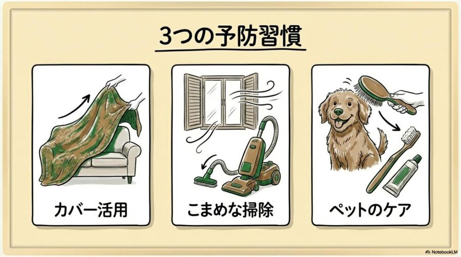 消臭後の予防策の図解。再発を防ぐ3つの習慣を、カード型で表現した画像。