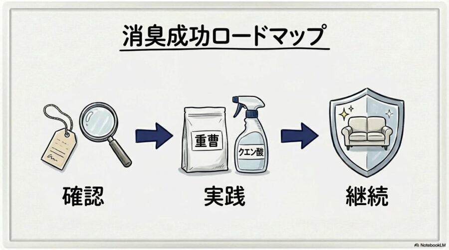 記事全体のまとめフローチャート。確認から予防までの流れを、3ステップ図で表現した画像。