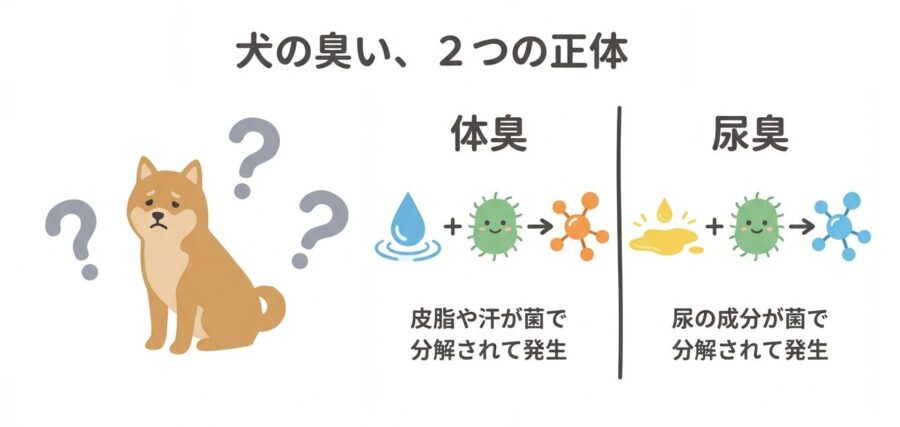 犬の皮膚にいる常在菌が皮脂や汗を分解してイソ吉草酸を生成し、独特な体臭が発生する科学的な仕組みを図解したイメージです。