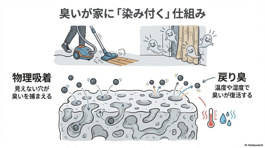 壁紙やカーテンなどの多孔質材料にある無数の微細な孔に、空気中を漂う臭いの分子が入り込んで蓄積していく物理吸着の現象を描いています。