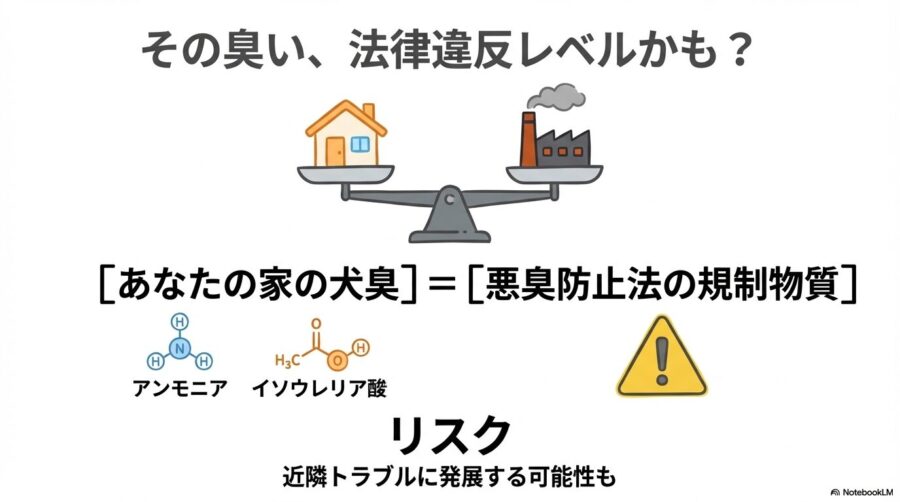 アンモニアなどの特定悪臭物質がどの程度の濃度で人の嗅覚に不快感を与えるのかを、悪臭防止法の基準に照らし合わせて示した解説図です。