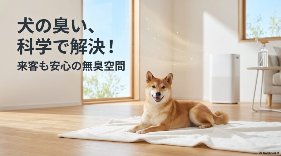 清潔で明るいリビングでリラックスしている犬、空気清浄機、清掃用品。この記事のテーマである「室内 で 犬 を 飼う 臭い」の科学的解決策と、快適な無臭空間を実現する希望を象徴する一枚。