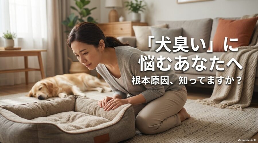 困り顔の飼い主が犬のベッドの匂いを嗅いでいる傍らで犬がくつろぐ、生活感のあるリビングの画像。この記事のテーマである「室内 で 犬 を 飼う 臭い」に関する飼い主の悩みと、問題解決への共感を象徴する一枚。