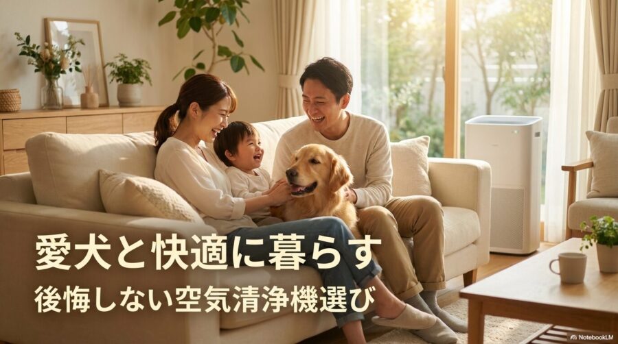 空気清浄機のある快適な室内で、犬と飼い主がくつろぐ様子。この記事のテーマである「室内 犬 臭い 空気清浄機,脱臭機」による豊かな暮らしを象徴する一枚。