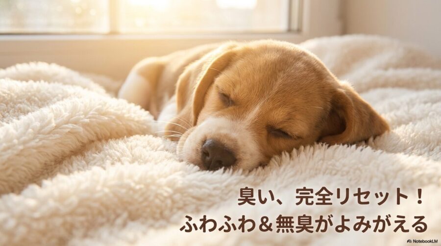 洗濯後の清潔でふわふわな毛布の上で眠る犬。この記事のテーマである「犬 服 臭い」の問題が解決され、快適な暮らしが戻った様子を象徴する一枚。