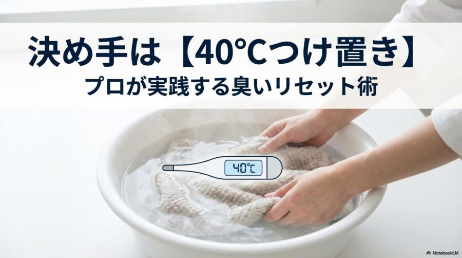 犬の毛布を40℃のお湯でつけ置き洗いしている様子。この記事のテーマである「犬 毛布 臭い」を解決するための具体的な洗濯手順を象徴する一枚。