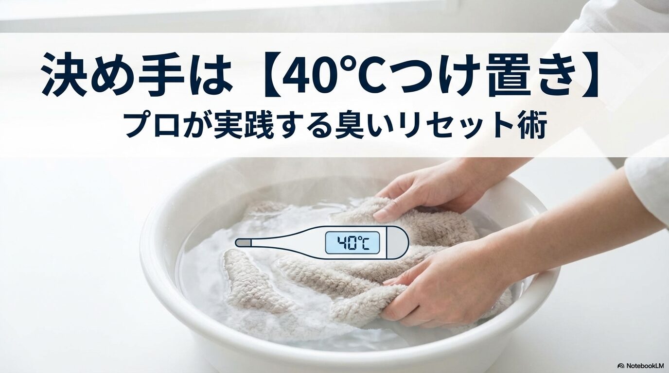 犬の毛布を40℃のお湯でつけ置き洗いしている様子。この記事のテーマである「犬 毛布 臭い」を解決するための具体的な洗濯手順を象徴する一枚。