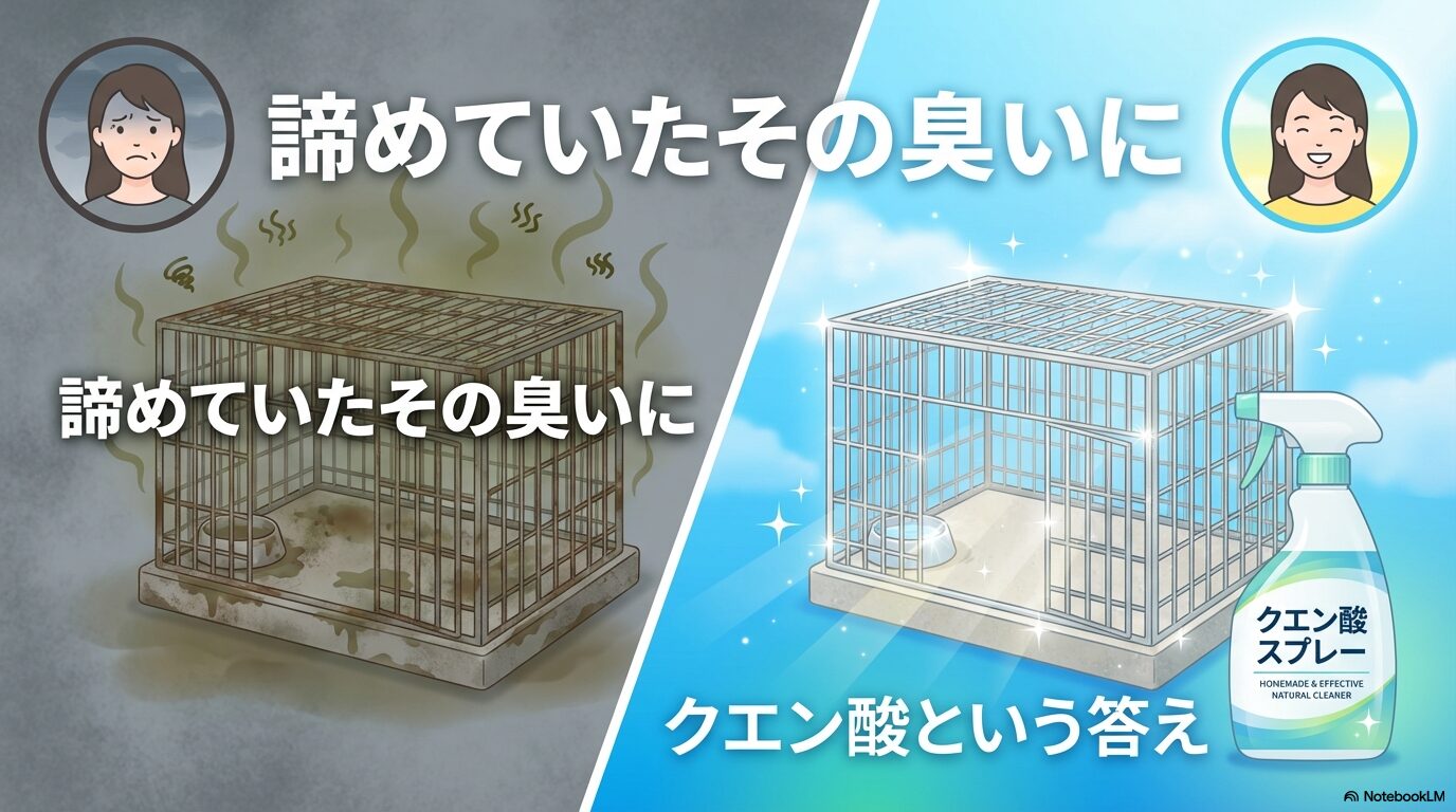 クエン酸スプレーでの掃除前後の犬のサークルの様子を比較したイラスト。この記事が解説する「犬のサークルが臭い」問題の解決策（クエン酸消臭）の効果を分かりやすく示す一枚。