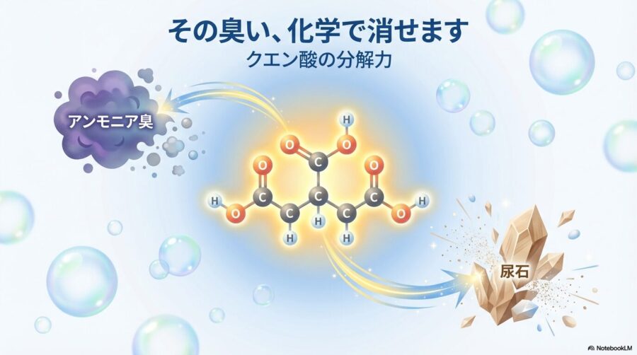 クエン酸がアンモニア臭と尿石を化学的に分解する様子を描いたイラスト。この記事のテーマである「犬のサークルが臭い」問題を、科学の力で解決する方法を象徴する一枚。