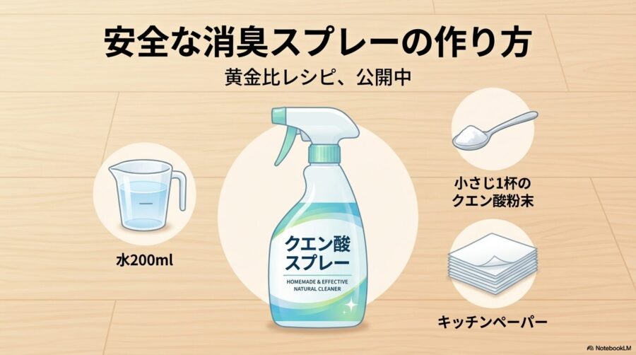 の消臭に使うクエン酸スプレーの作り方を解説するイラスト。この記事のテーマである「犬のサークルが臭い」問題に対して、具体的な手作りレシピを提示していることを示す一枚。