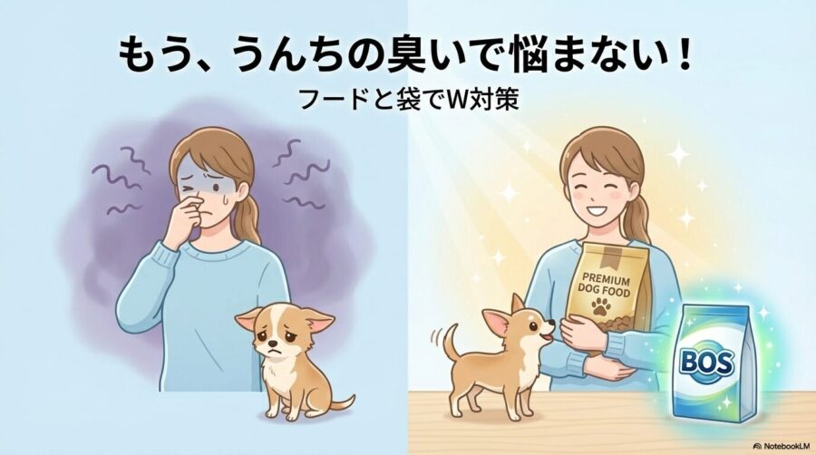 犬のうんちの臭いに悩む女性が、フードと防臭袋で解決して笑顔になる様子を描いたイラスト。「犬のうんちが臭い」という悩みに具体的な解決策を提示することを示す一枚。