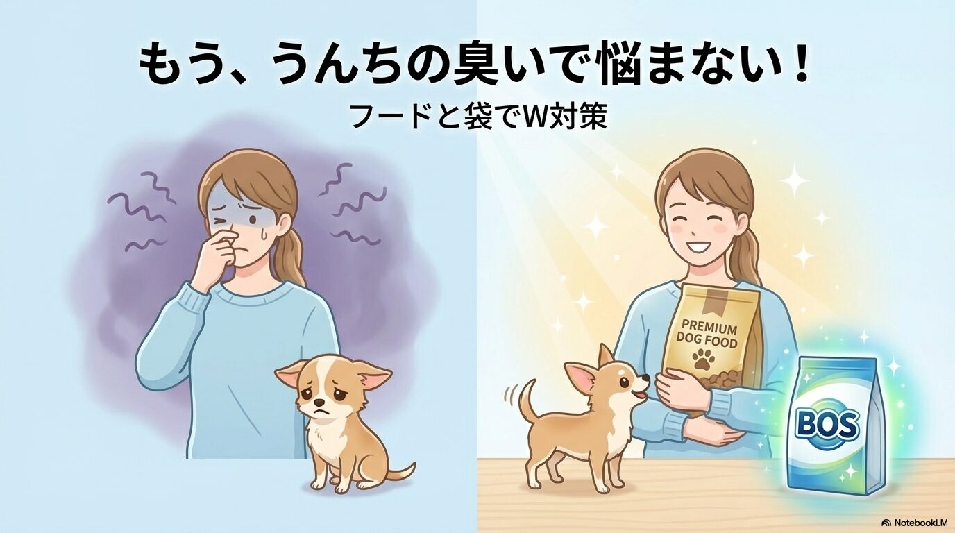 犬のうんちの臭いに悩む女性が、フードと防臭袋で解決して笑顔になる様子を描いたイラスト。「犬のうんちが臭い」という悩みに具体的な解決策を提示することを示す一枚。