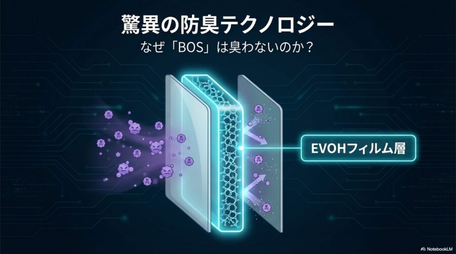 驚異の防臭袋BOSが、臭い分子を完全にブロックする仕組みを示した技術的なイラスト。この記事が「犬のうんちが臭い」問題に対し、高機能素材という科学的アプローチで解説することを示す一枚。