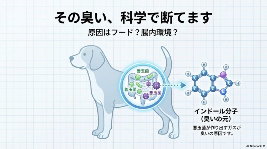 犬の便臭の原因が腸内環境とインドールにあることを示す科学的なイラスト。この記事のテーマである「犬のうんちが臭い」問題を、獣医学的・化学的に解説することを象徴する一枚。