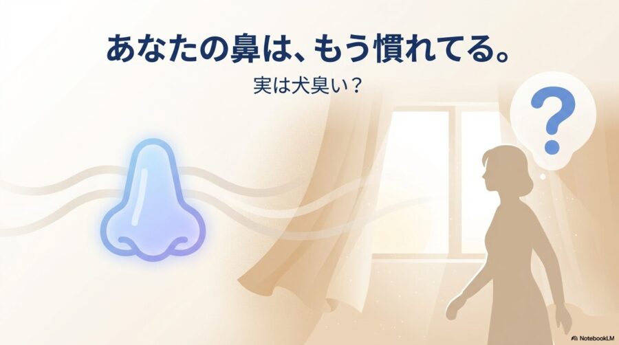 嗅覚の順応により自分の家の犬の臭いに気づきにくい人間の鼻と、客観的に臭いがある部屋のイラスト。この記事のテーマである「部屋が犬臭い対処法」における「気づき」と科学的根拠を象徴する一枚。