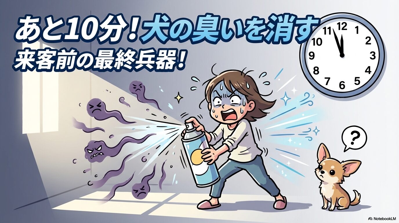 来客が迫り焦る飼い主が犬の臭い対策をするコミカルなイラスト。この記事のテーマである「部屋が犬臭い対処法」において、緊急時の対策を提示していることを象徴する一枚。
