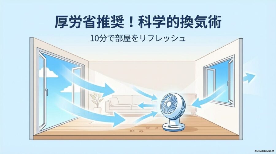 対角線上の窓を開け、サーキュレーターを使って効率的に換気する部屋のイラスト。この記事のテーマである「部屋が犬臭い対処法」における、具体的な換気テクニックを実践的に示す一枚。