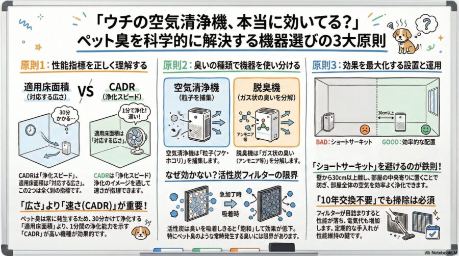図解『室内犬の臭いに効く空気清浄機と脱臭機の選び方は？設置場所と機種比較』