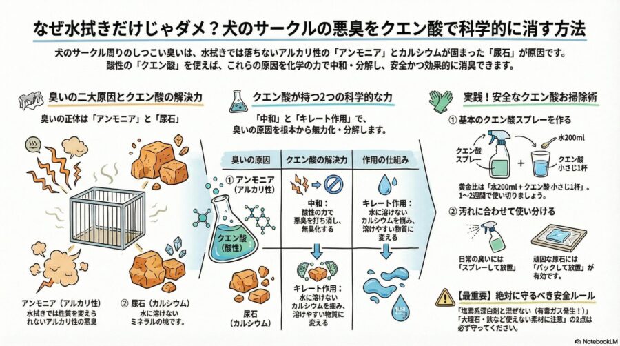 図解「犬のサークルが臭い！クエン酸でアンモニア臭を消す掃除方法と消臭テク」