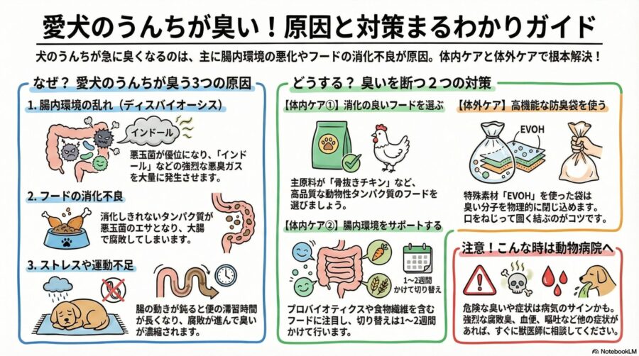 図解『室内犬やチワワのうんちが臭い！原因となるフードの影響と臭わない処理策』