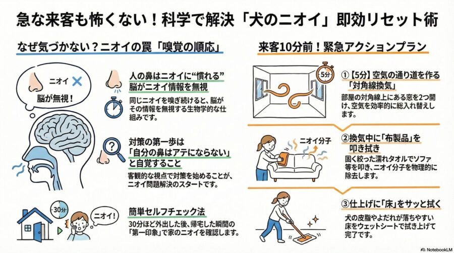 図解『部屋が犬臭い時の緊急対処法！来客前に効く換気と消臭テクニック解説』