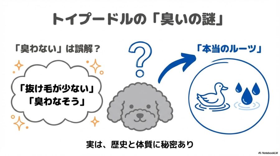 トイプードルの臭いの謎。抜け毛が少ないのに臭う理由は、水鳥を回収していた歴史と体質にあるという導入。