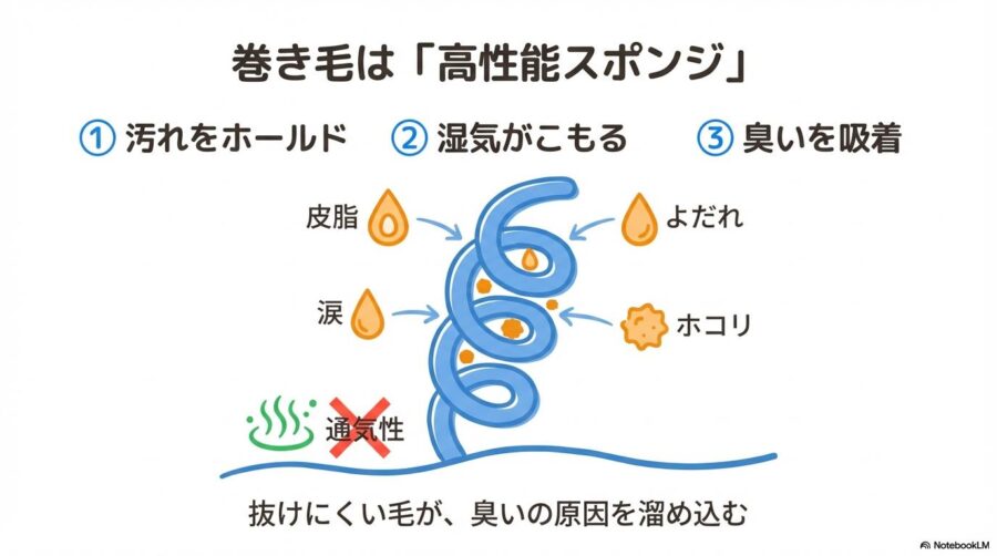 巻き毛の仕組み。螺旋状の毛が「高性能スポンジ」のように汚れ・湿気・臭いを吸着し、通気性が悪いことを図解。