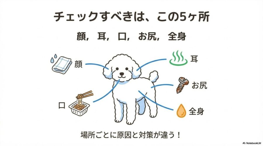 5つのチェックポイント。顔、耳、口、お尻、全身の場所ごとに、臭いの原因と対策が異なることを解説。