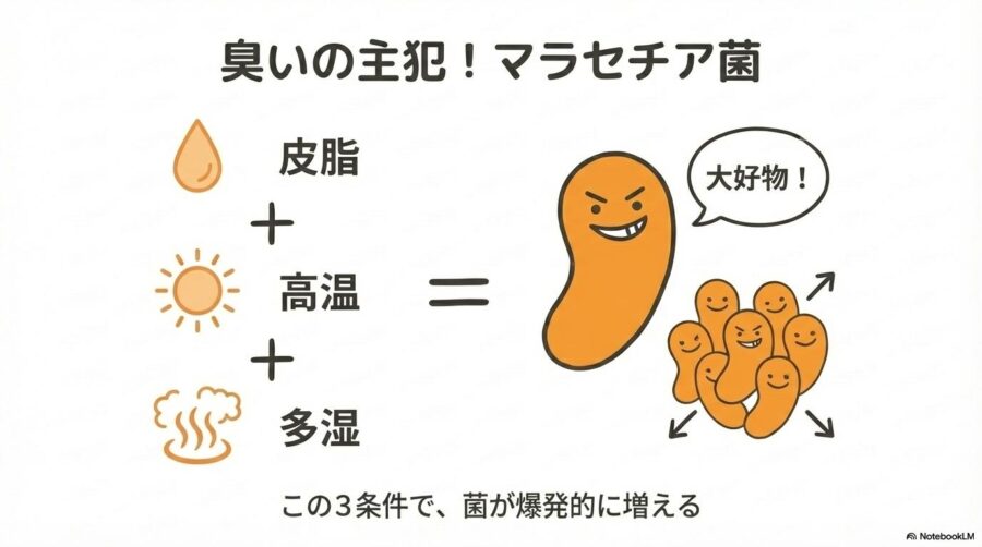 マラセチア菌の増殖条件。皮脂・高温・多湿の3つが揃うと、臭いの主犯である菌が爆発的に増える仕組み。