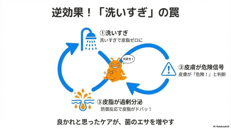 洗いすぎの罠。シャンプーしすぎると皮膚が危険を感じ、防御反応でさらに皮脂を分泌する悪循環の図解。
