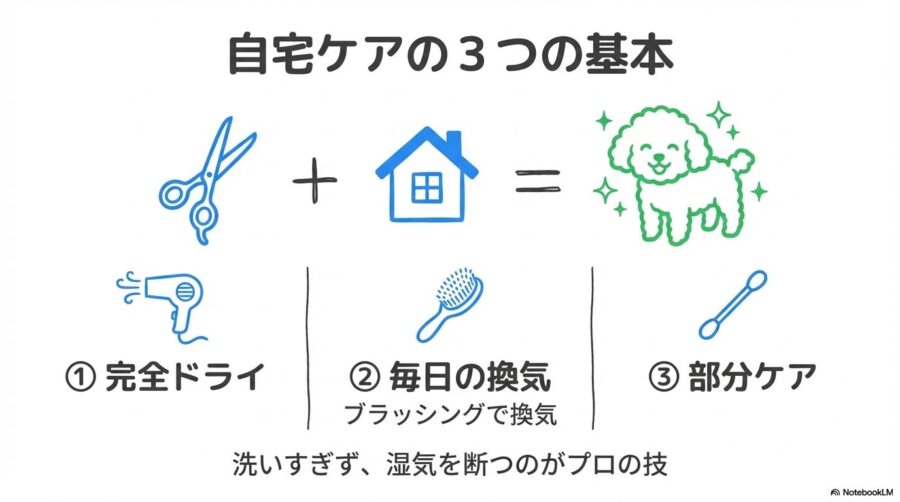 自宅ケアの3原則。ドライヤーでの完全乾燥、ブラッシングによる換気、綿棒などでの部分ケアが重要。