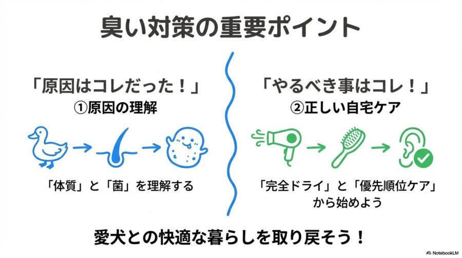 まとめ。体質と菌の原因を理解し、「完全ドライ」と「優先順位ケア」で快適な暮らしを取り戻そうという結び。