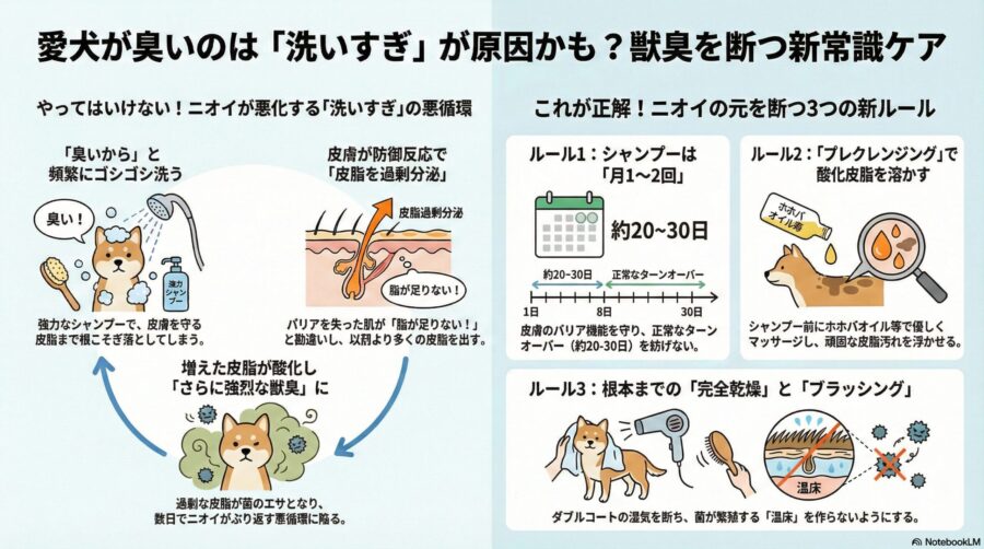 図解『# 【獣臭い対策】柴犬・ゴールデン・ポメの臭いに悩むあなたへ。脂体臭を断つ5つのルールとNGケア』