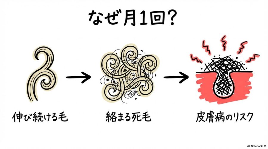 トイプードルのトリミング頻度の図解。巻き毛が伸び続けて死毛が絡まり、通気性が悪化して皮膚病を招くメカニズムを数式図で表現した画像。