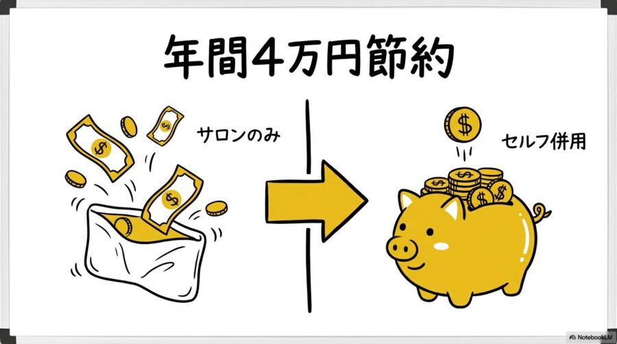 セルフカット併用による節約効果の図解。サロンのみの場合とセルフ併用の場合の年間コスト差をVS図で表現した画像。
