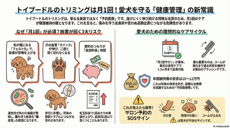 図解『トイプードルのトリミング頻度で迷うあなたへ。皮膚を守る月1回の根拠と、サロン代を賢く節約する自宅ケア術』