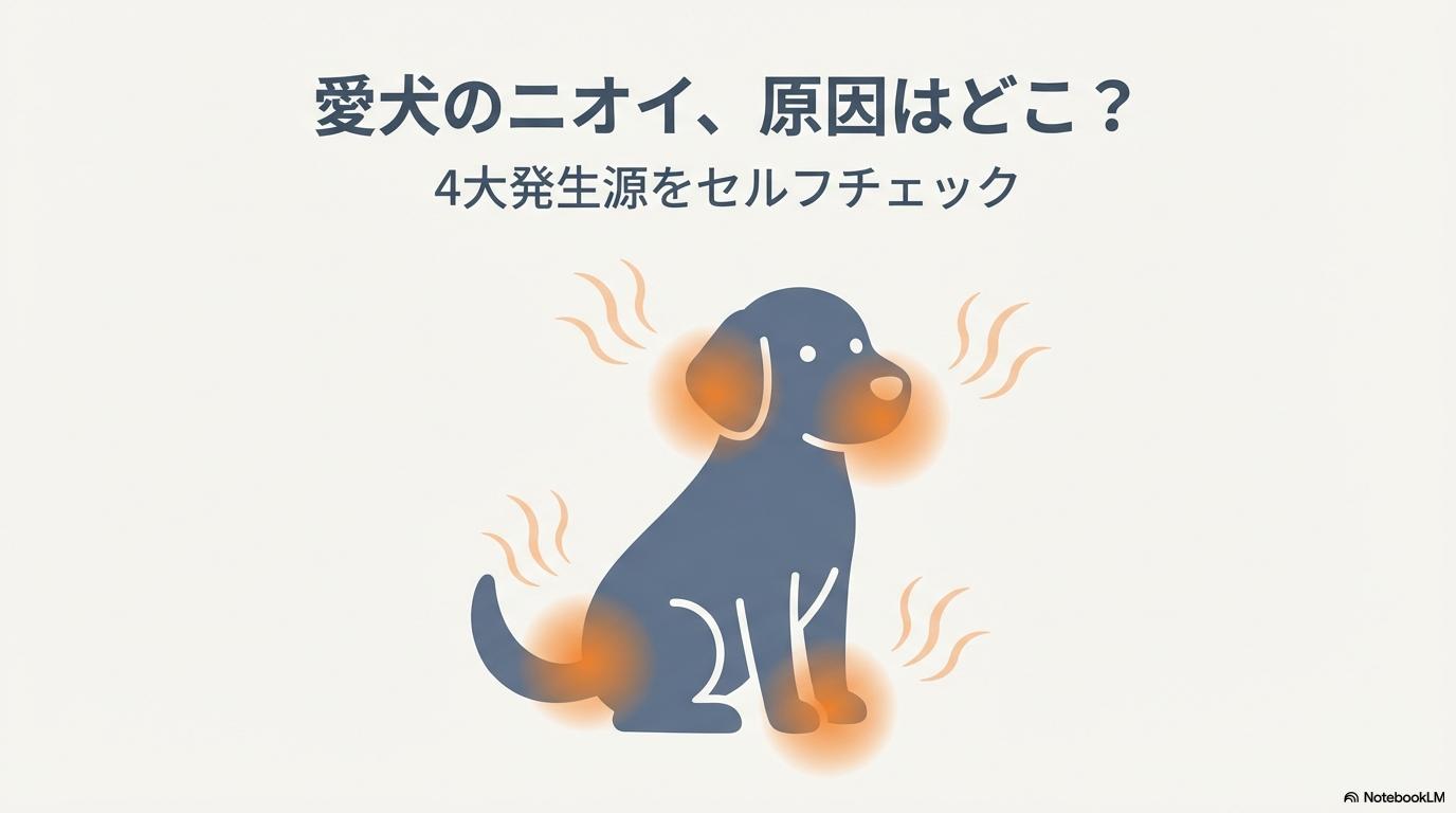 犬のシルエットと共に耳・口・お尻・足の4大発生源をチェックするトリアージ図解イラスト。この記事のテーマである「犬が臭い原因の部位別特定」を象徴する一枚。