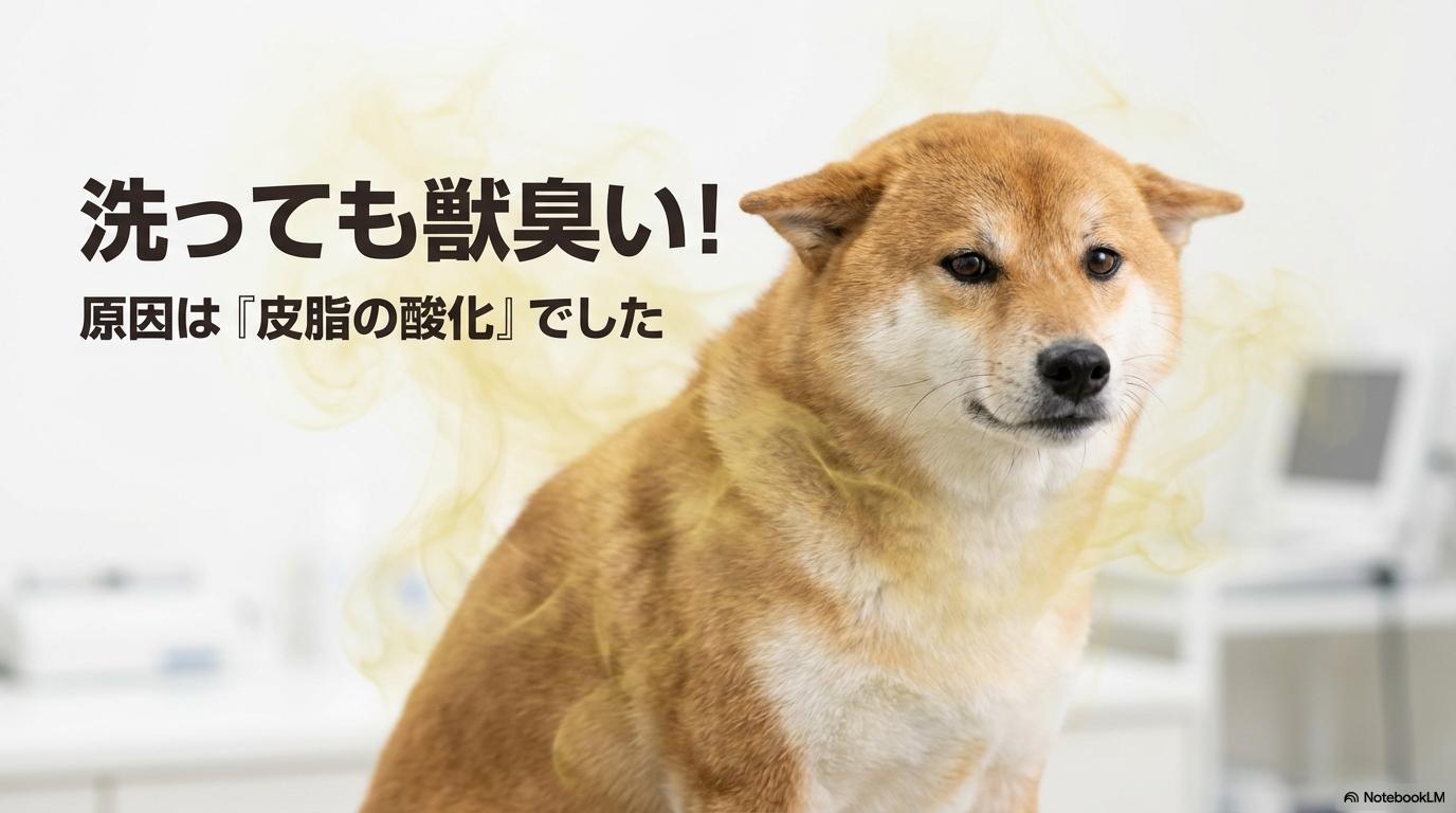 少し困った顔の柴犬の周りに皮脂の酸化をイメージしたエフェクトが漂う画像。この記事のテーマである「柴犬 獣 臭い」の原因と対策を象徴する一枚。