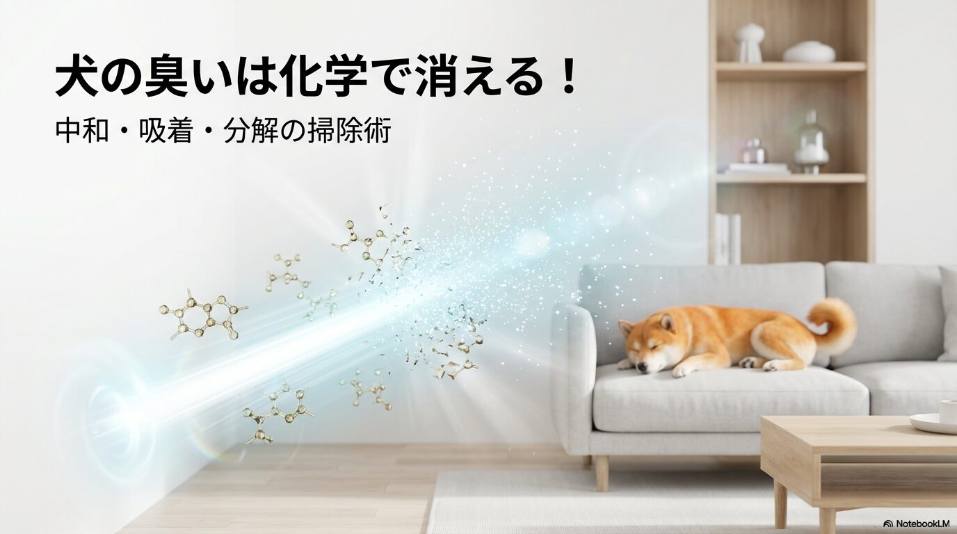 明るいリビングで犬の臭い分子が光のフィルターで浄化される3Dイメージ。この記事のテーマである「犬 室内 飼い 臭い」を化学的メカニズムで解決することを象徴する一枚。