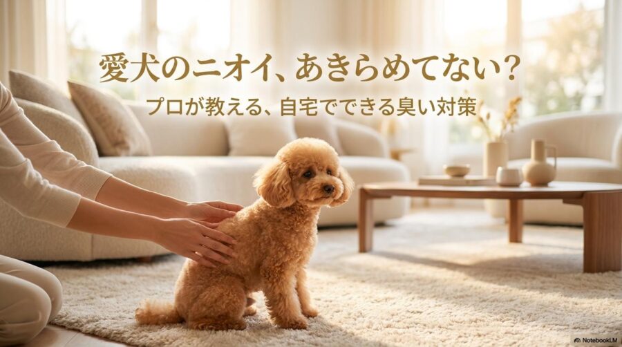 清潔なリビングで飼い主の手入れを受け、気持ちよさそうにしているアプリコットのトイプードル。この記事のテーマである「トイプードルの臭い対策と自宅ケア」を象徴する一枚。