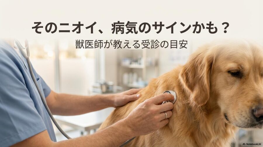 動物病院で優しく診察を受ける犬と獣医師の手元。この記事のテーマである「病気が疑われる危険な臭いのサインと受診目安」を象徴する一枚。