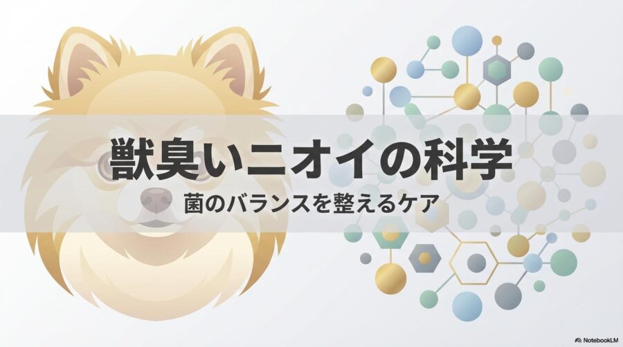 ポメラニアンと皮膚常在菌をイメージしたグラフィック。この記事のテーマである「ポメラニアン 臭い」をマイクロバイオームの視点から解決することを象徴する一枚。