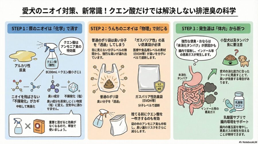 図解『犬の消臭にクエン酸は効く？チワワやトイプードルの排泄臭を科学的に封じ込める方法』